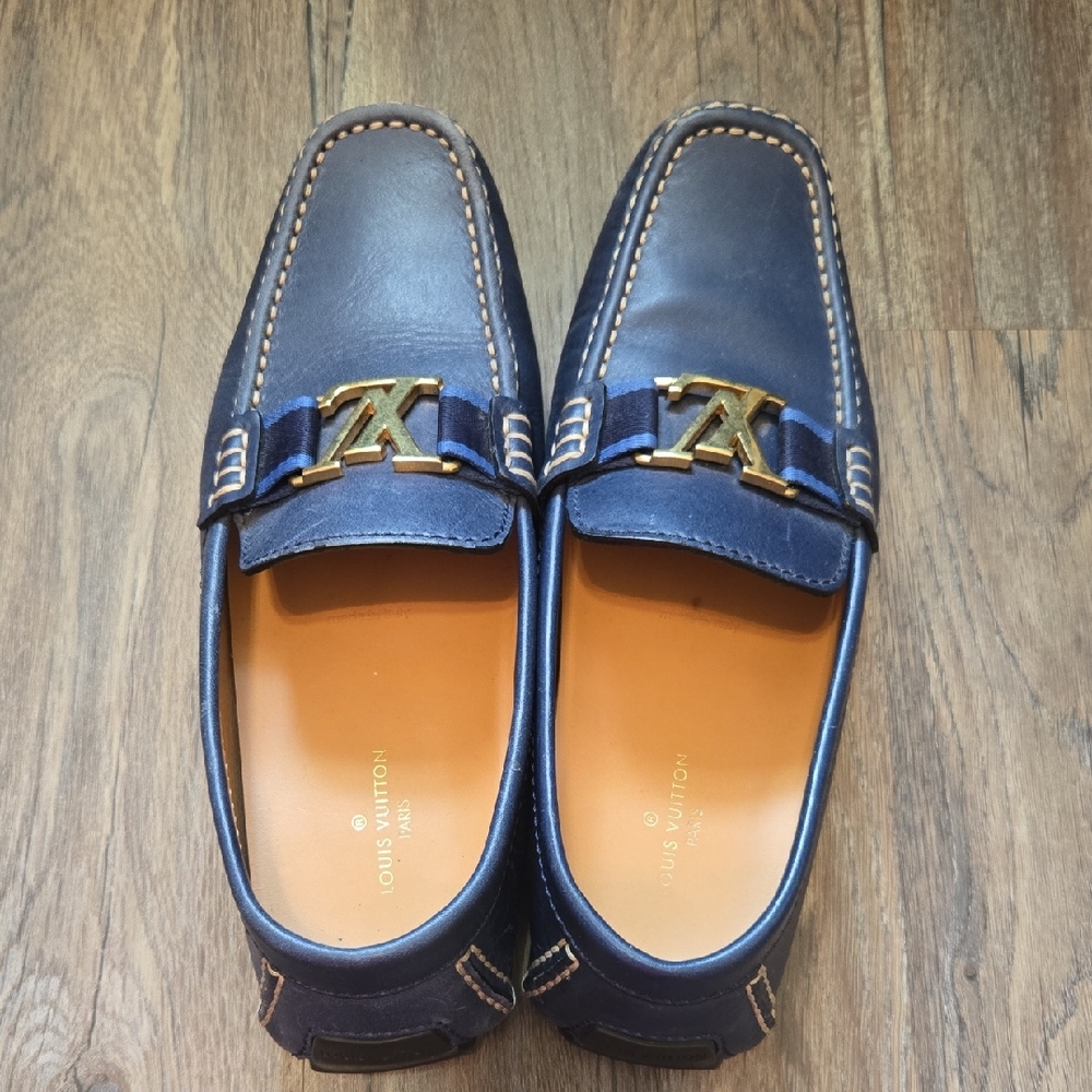 Louis Vuitton Navy Blue Loafers with Gold Accent Size 9